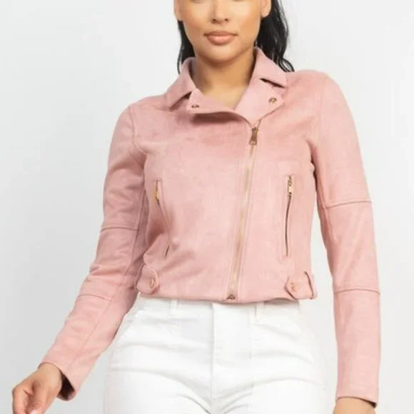 Women's Notch Zippered Suede Rider Jacket - Pink - Picture 1 of 4